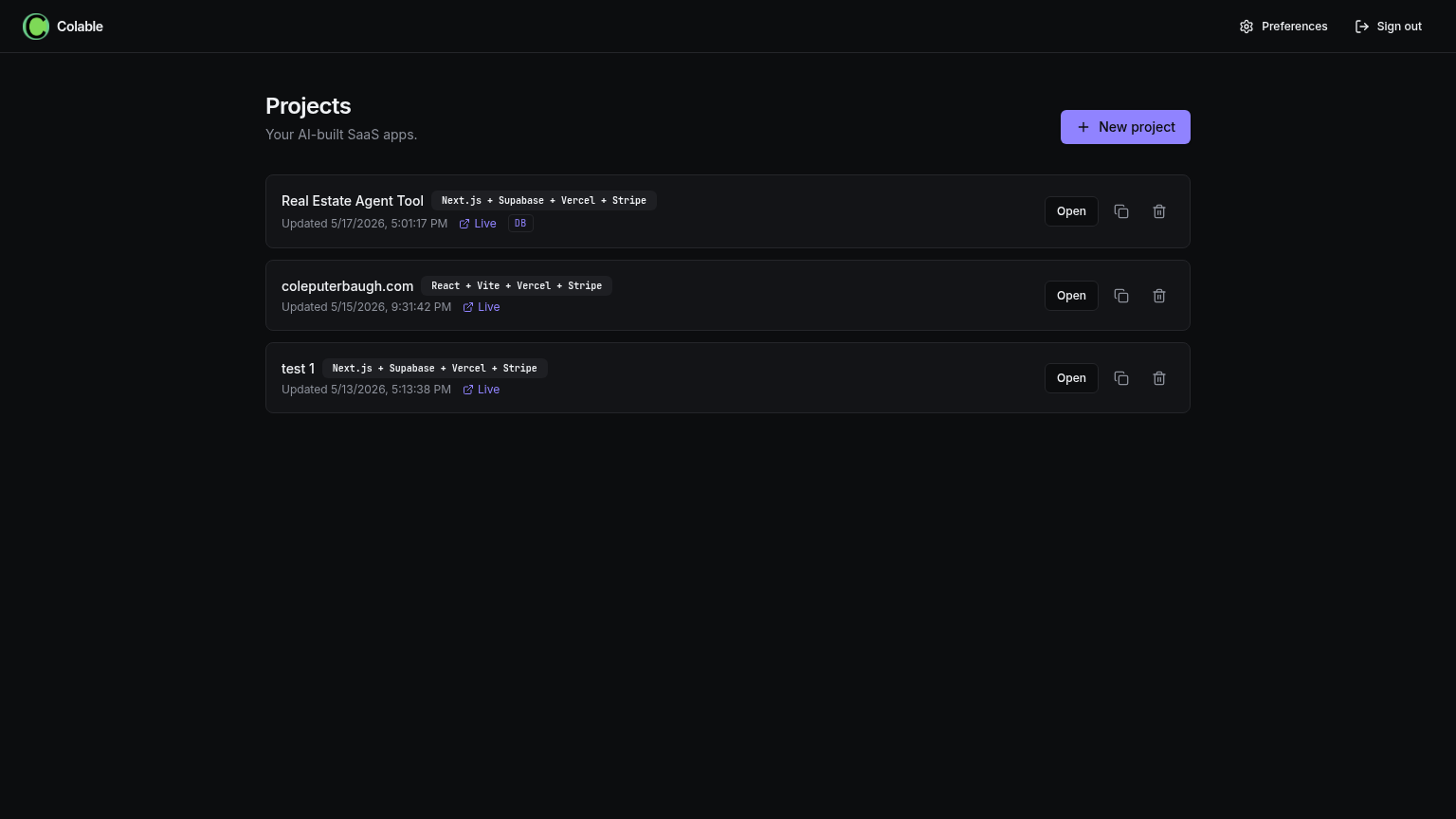 The Colable projects dashboard listing multiple client apps Cole has built.