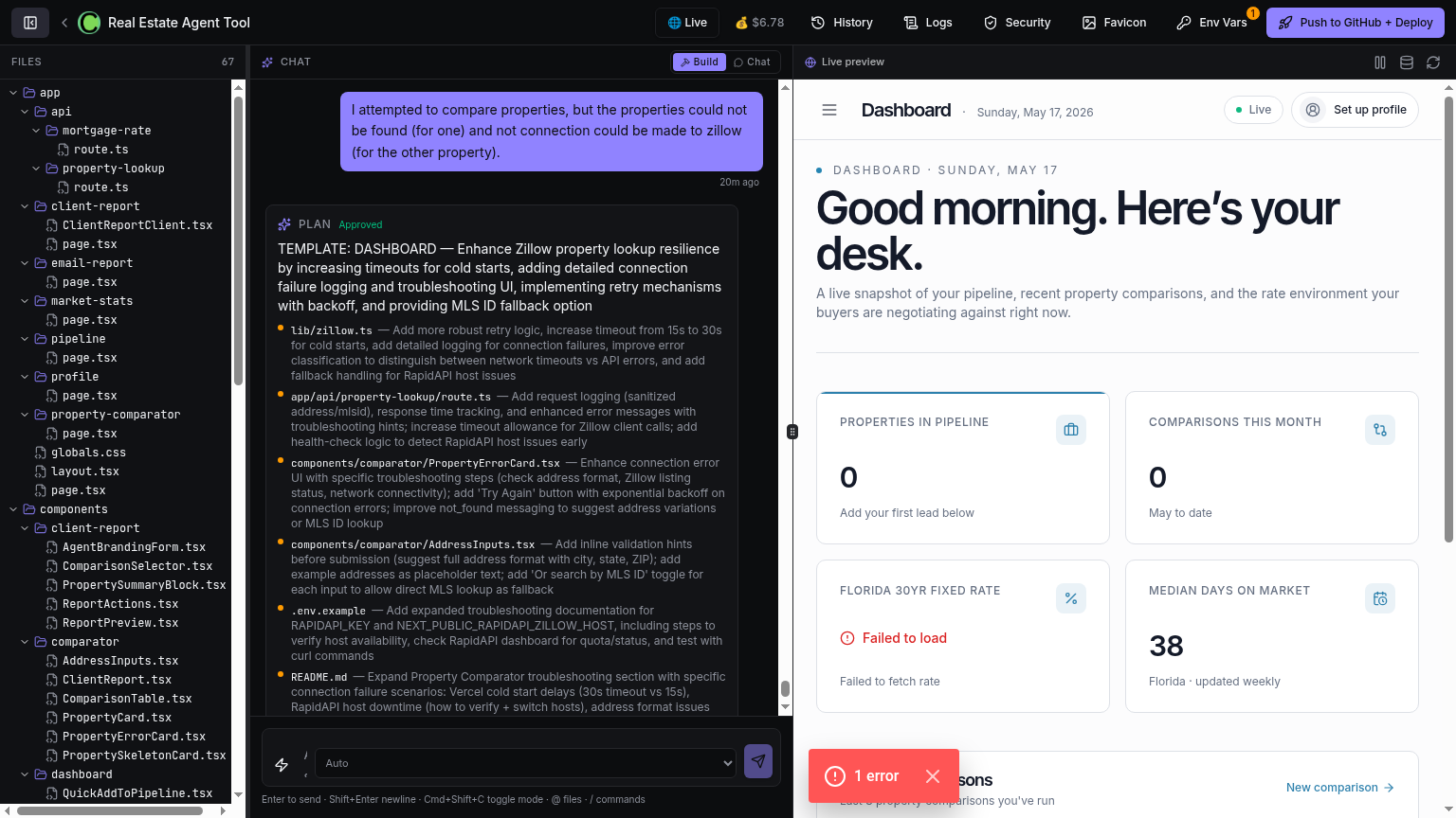 The Colable workspace showing the file tree, chat with an approved plan, and a live preview of a real estate dashboard.